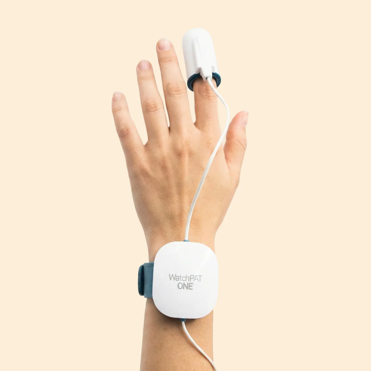 WatchPAT ONE worn on the wrist with its fingertip clip